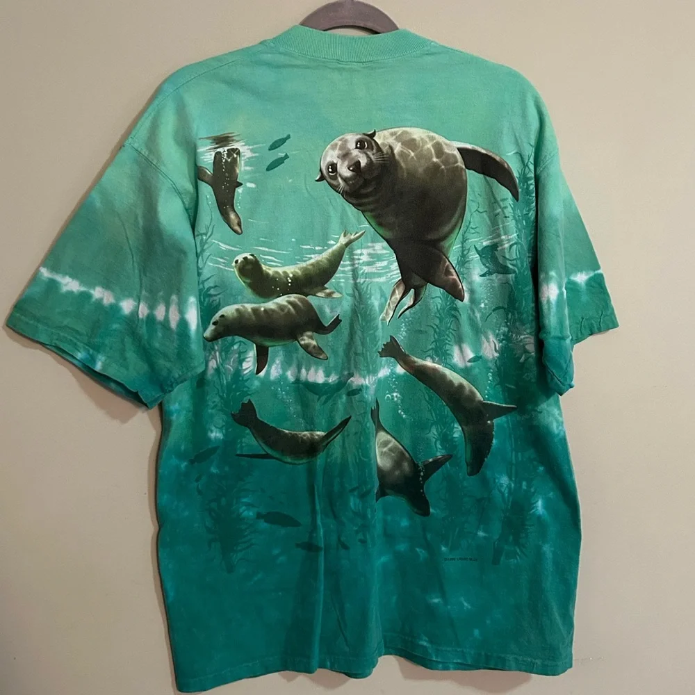 Vintage 90’s Liquid Blue Tie Dye Seals Marine Print T-Shirt Men’s Size L / XL - Picture 7 of 9